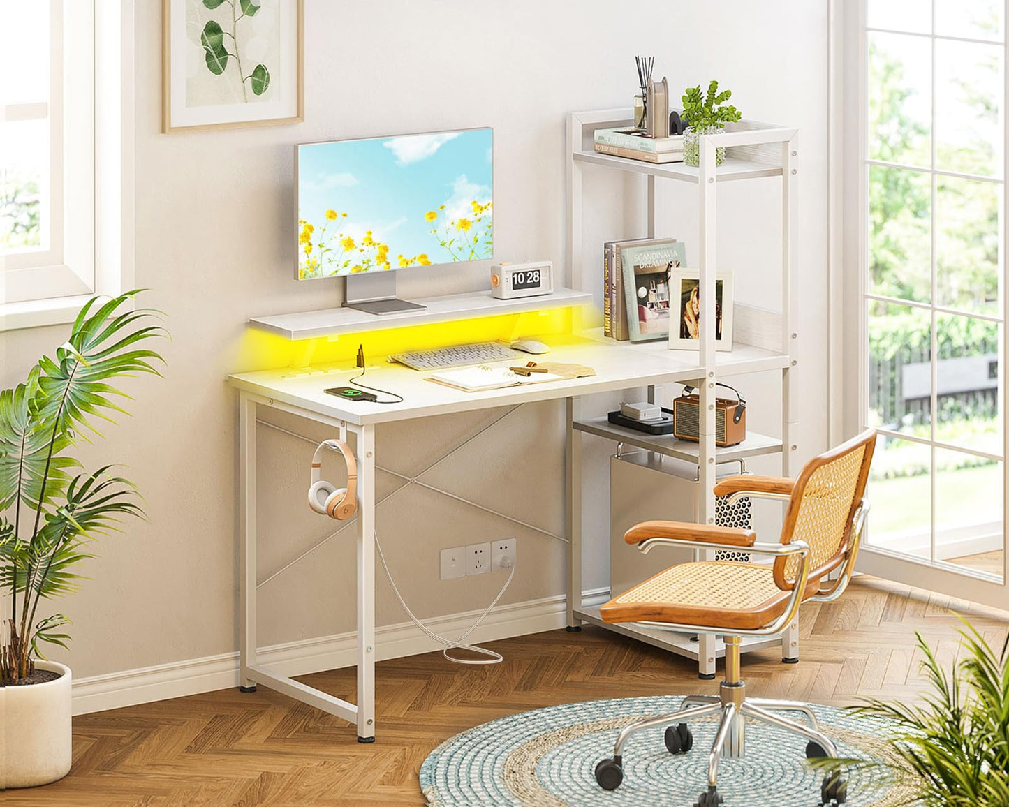 ODK Reversible Gaming Desk with USB Charging Port and LED Lights, 40 Inch Computer Desk with Storage Shelves & Monitor Stand, Writing Study Table for Home Office, Small Space Bedroom, White