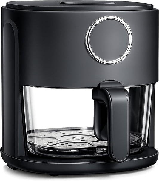 COOK WITH COLOR Colorful 1200W 4Qt Air Fryer: Glass Basket, Dishwasher Safe, 60min Timer, 6 Presets, Temp Control 175F-400F, 4 QT, Black
