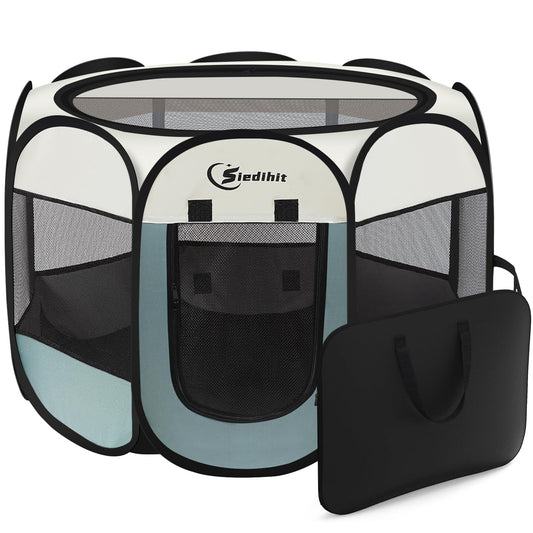 Siedihit Dog Cat Playpen, Puppy Pet Playpen Indoor for Small Dogs Tent Crates Cage Outdoor, Portable Pop Up Dog Kennel Playpen with Carrying Case for Dogs/Cats/Rabbits, Removable Zipper Top, Grey