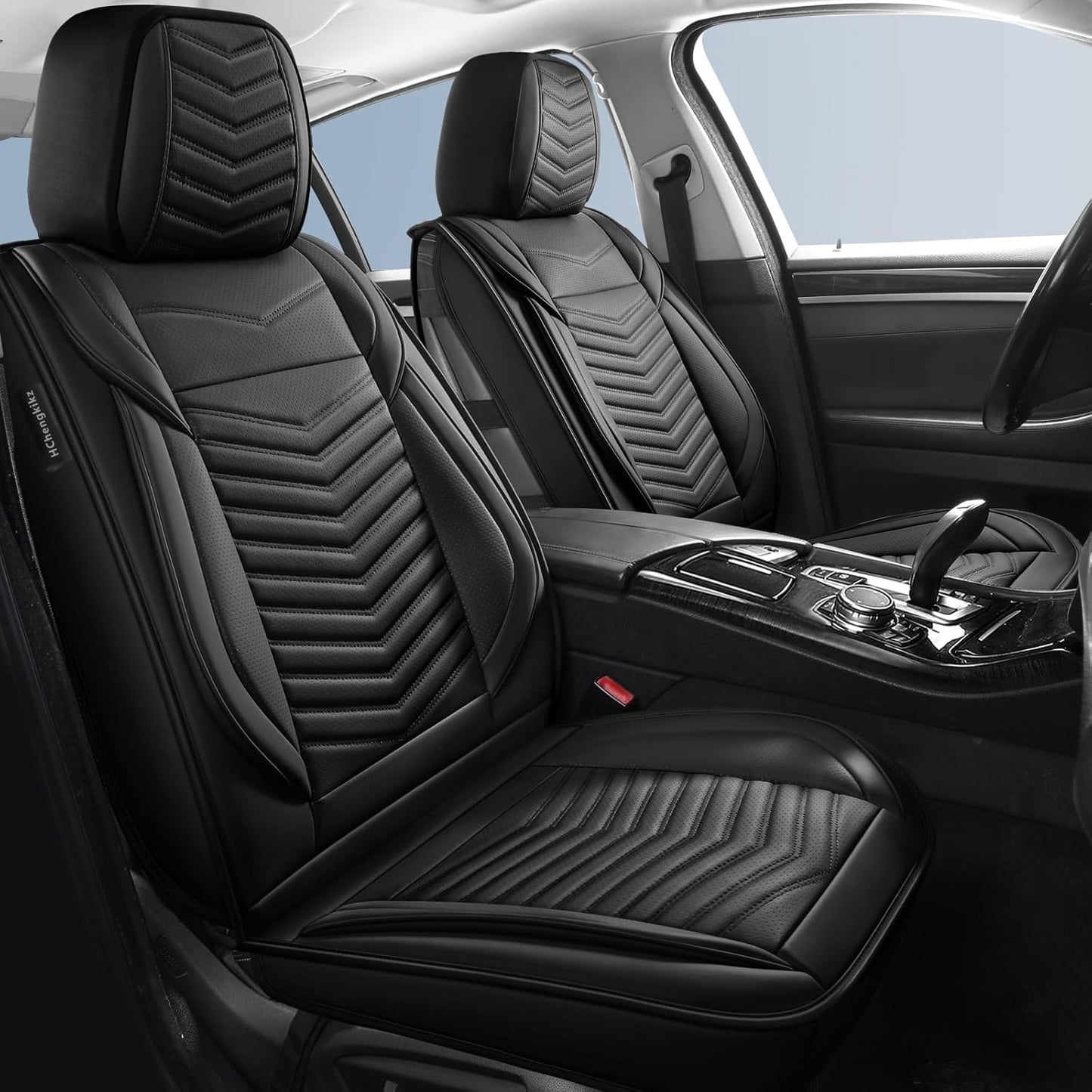 HChengkikz Car Seat Covers,Breathable and Waterproof Faux Leather Automotive Seat Covers for Cars,Anti-Slip Driver Seat Cover Universal Fit SUV Truck Pick-up Sedan(Style1,5 PCS Full Set,Black)