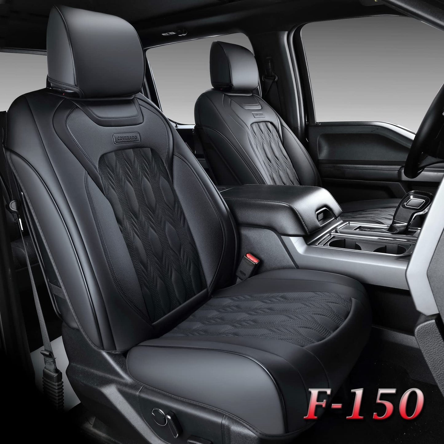 Coverado Car Seat Covers Full Set, Leather Ford F150 Seat Covers Fit for 2015-2025 F150 and 2017-2025 F250 F350 F450 Super Duty Crew Cab XL XLT Lariat King Ranch Platinum (Black)