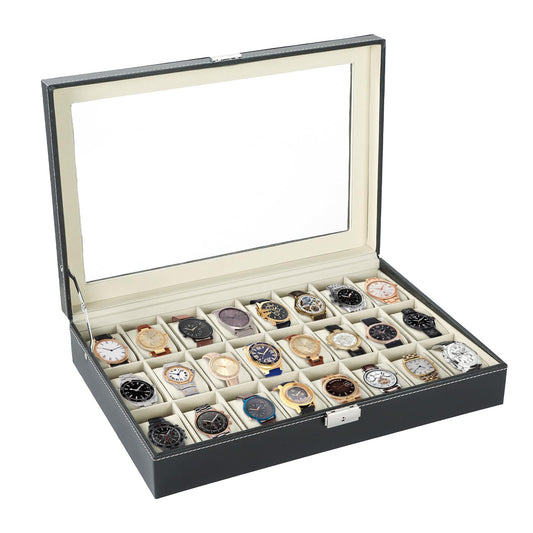 NATGAI Watch Box 24 Slots Elegant Portable Black Watch Collection Box Case Organizer for Storage Display Holds Watches Jewelry for Men & Women