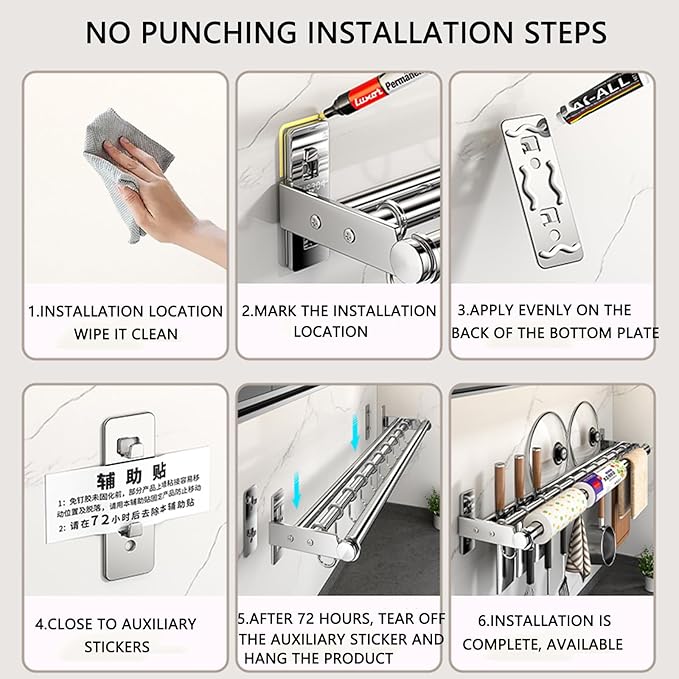 Hanging Wall Mount knife Wall Mount, Kitchen Organizer Storage Shelf for Utensils Spatula Spoon, Space-Saving Knife Rack with Hooks,Wall-Mounted Utensil Holder (Silver, 50CM+Single Pole+8Hooks)