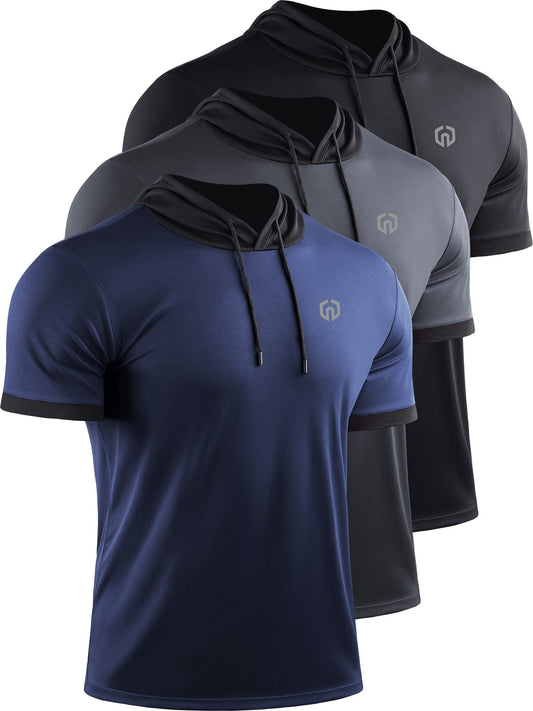 NELEUS Men's Running Shirt Workout Athletic Shirts with Hoodie Pack of 3,5112,Black/Grey/Navy Blue,X-Large