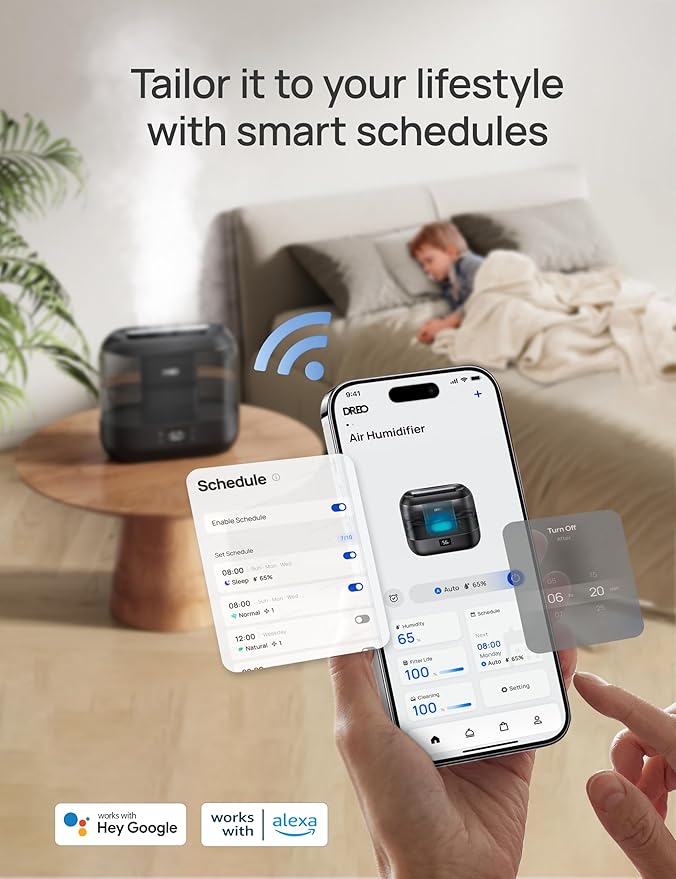 Dreo Humidifiers for Bedroom, Top Fill 4L Smart Cool Mist Humidifier with Oil Diffuser, Cartridge, Nightlight, 32H Runtime, Quiet Ultrasonic Humidifiers for Home, Baby Nursery, Plants, Office, HM311S
