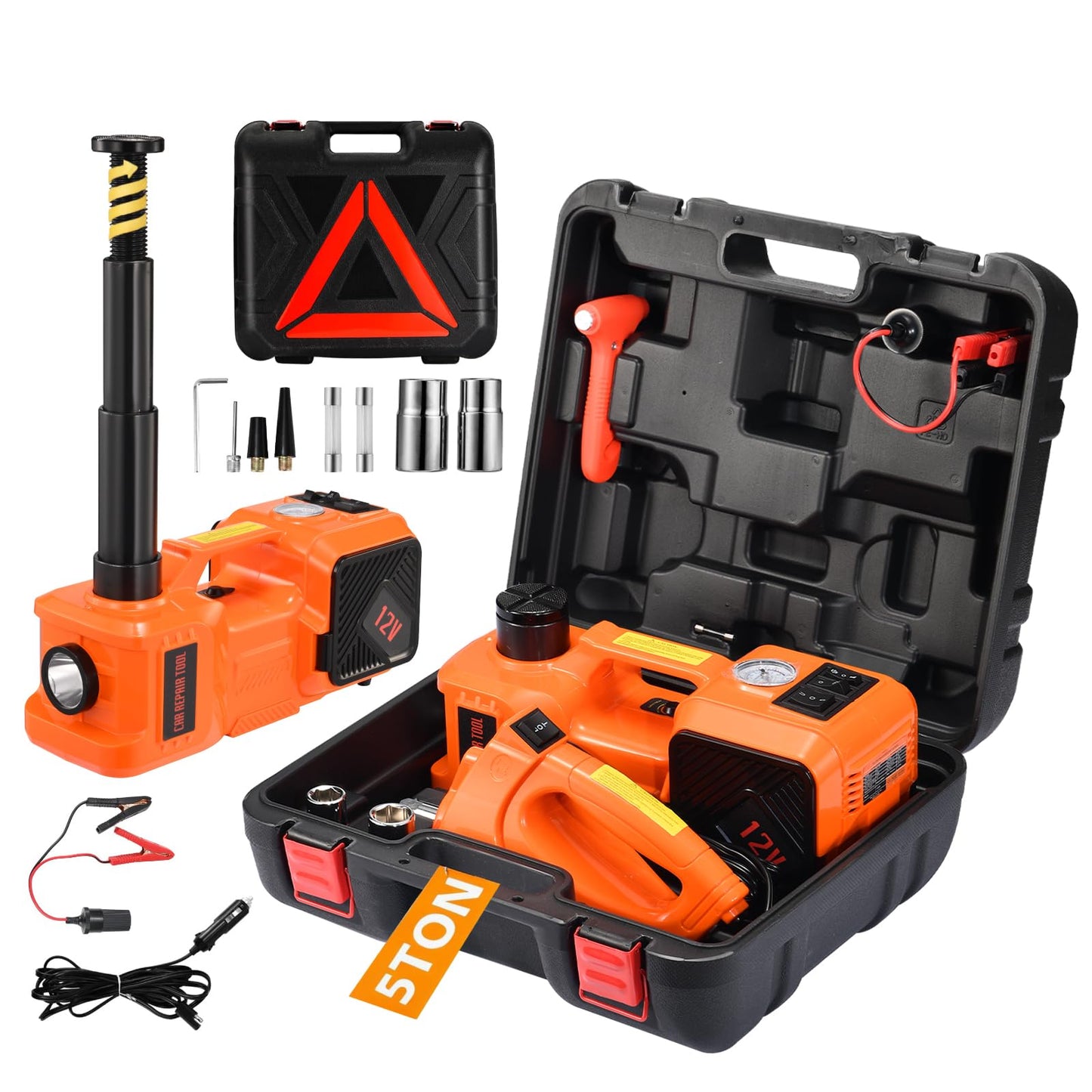 Electric Car Jack Kit 5 Ton 12V Floor Jack Portable Hydraulic Car Jack with Impact Wrench and Tire Inflator Pump for SUV Sedans Tire Change with LED Light, Lifting Height 6 to 17.7 Inch