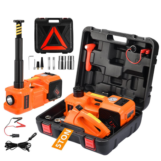 Electric Car Jack Kit 5 Ton 12V Floor Jack Portable Hydraulic Car Jack with Impact Wrench and Tire Inflator Pump for SUV Sedans Tire Change with LED Light, Lifting Height 6 to 17.7 Inch