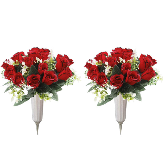 U'Artlines 2Pcs Artificial Cemetery Flowers for Grave Silk Memorial Red Rose Flowers Outdoor Grave Flowers for Grave Vase Cemetery Flower Arrangements (Not Included Vase)
