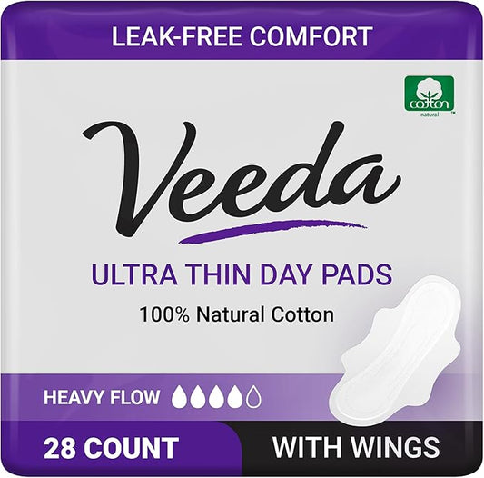 Veeda Natural Cotton Day Pads for Women - Heavy Flow Absorbent Ultra-Thin Feminine Pad with Wings - Hypoallergenic Period pads - Unscented & Chlorine free Sanitary Napkins - 28 Count