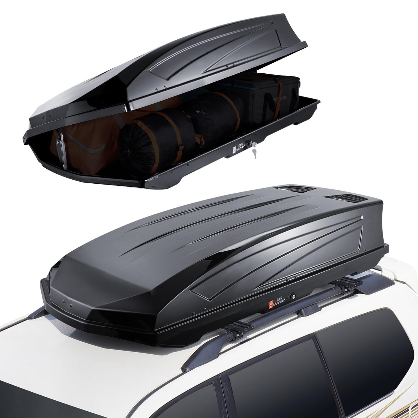 VEVOR Rooftop Cargo Carrier, 18 Cubic Feet Roof Cargo Box, ABS Hard Shell Roof Box, with Dual-Sided Opening and 2 Reinforced Straps, Aerodynamic, Suitable for most Crossbar, for Car, Wagon, SUV, Black