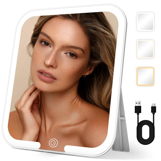 Jadazror Travel Makeup Mirror with Light, Large Lighted Makeup Mirror 9.2x8inch Tabletop Vanity Mirror with Lights, Rechargeable Desktop Cosmetic Mirror with 360° Rotatable Stand, 3 Color Lighting