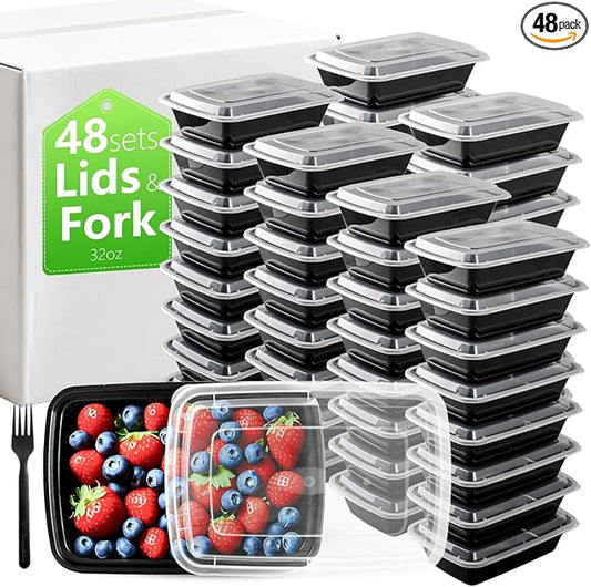 32oz Meal Prep Containers Bulk 48 Set with Forks and Lids - 1 Compartment Food Containers Leakproof Snack Container Food Storage Containers, Freezer Safe Plastic Lunch Take Out Box