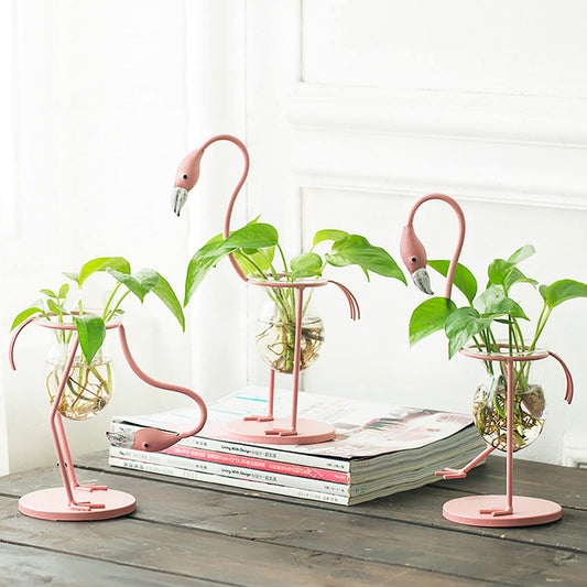 Hydroponics Vase for Plants, Pink Flamingo Hydroponics Planter Bulb Vase, Propagation Planters Glass Vase for Home Office Desk Decor (Pink, Upright)