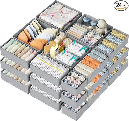 DIMJ Drawer Organizer Clothes 24 Pack - Foldable Baby Organizers and Storage & Dresser Organizer for Bedroom, Closet - Nursery Organization Dresser Dividers for underwear, Sock,Bra, Belt, Tie, Gray