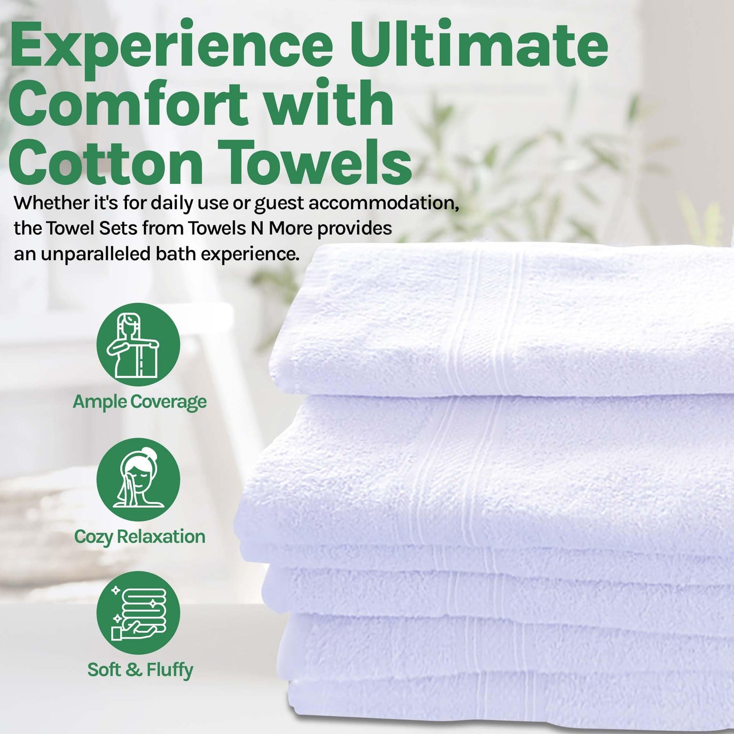 Towels N More 24x48 White Bath Towels - 60 Pack Premium Cotton, Lightweight Soft for Adults, Absorbent Set Ideal for Bathroom, Home, Spa, Hotels/Motels, & Gym Use