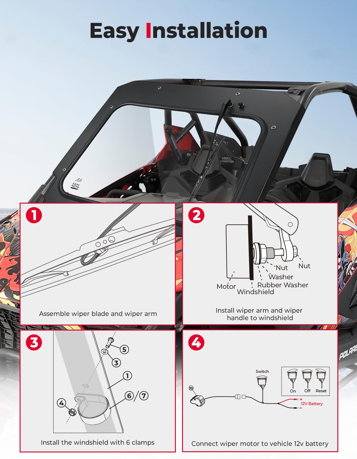 KEMIMOTO PRO XP Electric Wiper Windshield Travel on Rainy Day Compatible with Polaris RZR PRO XP/RZR Turbo R 2020-2024, Scratch Resistant Heavy Duty Front Full Glass Window Automatic Mode