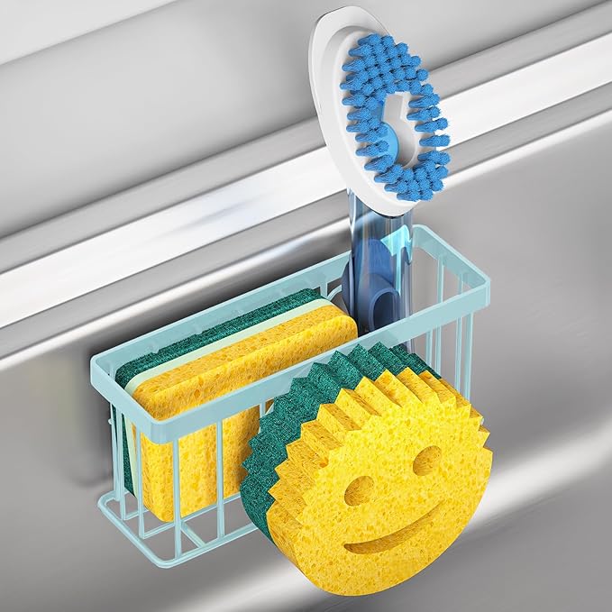 Sponge Holder Smiley Face,Sink Caddy for Kitchen Sink,Sponge Holder with 2 PCS Suction Cups/1 PCS Adhesive Strips,Designed for Sponge,Soap,Dish Brush,Scrubber-Blue