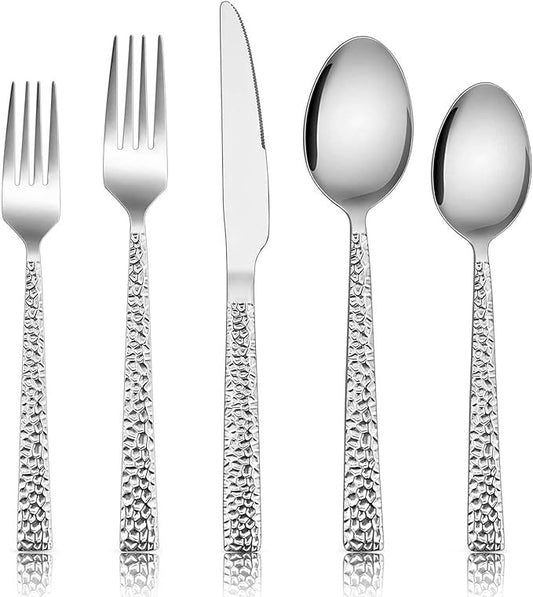 E-far 80-Piece Hammered Silverware Set, Stainless Steel Square Flatware Set Service for 16, Tableware Cutlery Set Includes Forks Spoons Knives, Modern Design & Mirror Polished - Dishwasher Safe