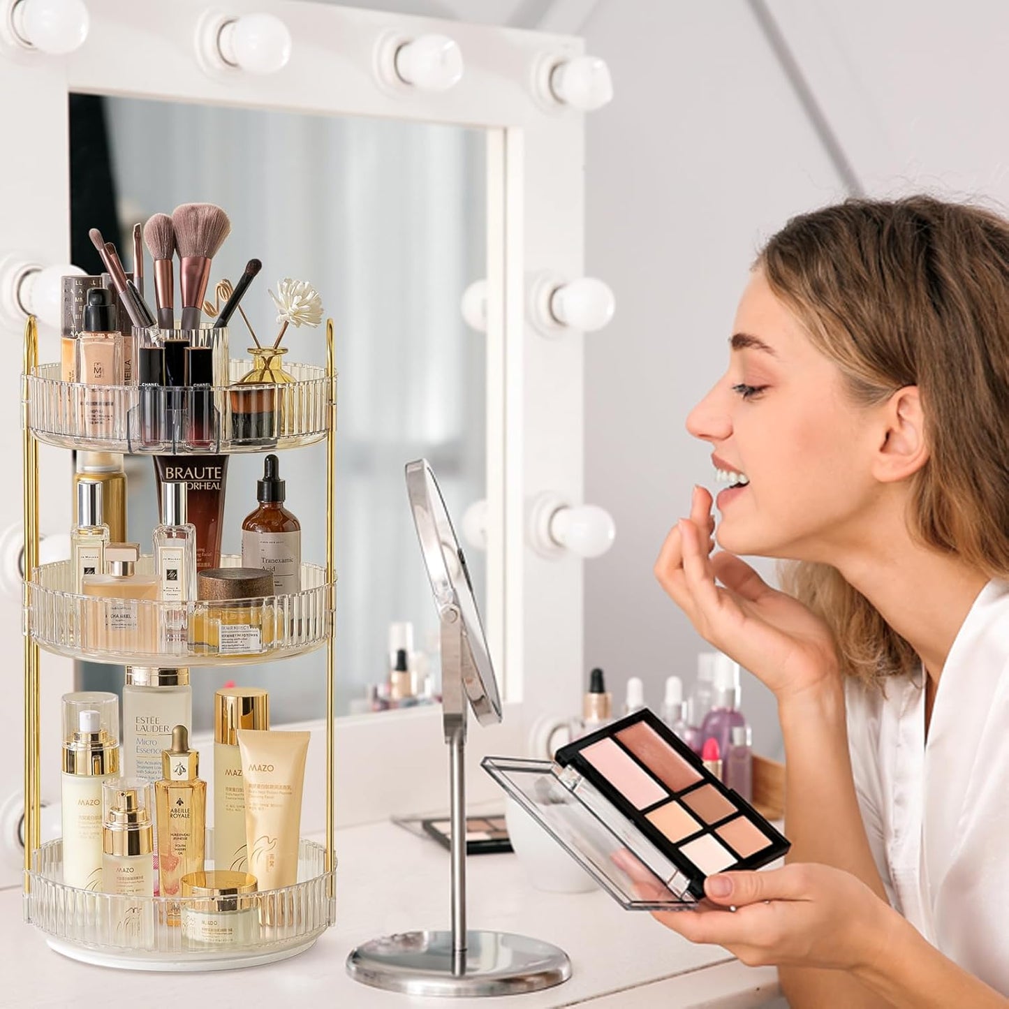Rotating Makeup Organizer for Vanity, High-Capacity Skincare Clear Make Up Storage Perfume Organizers Cosmetic Dresser Organizer Countertop 360 Spinning (Clear, New-3 Tier)