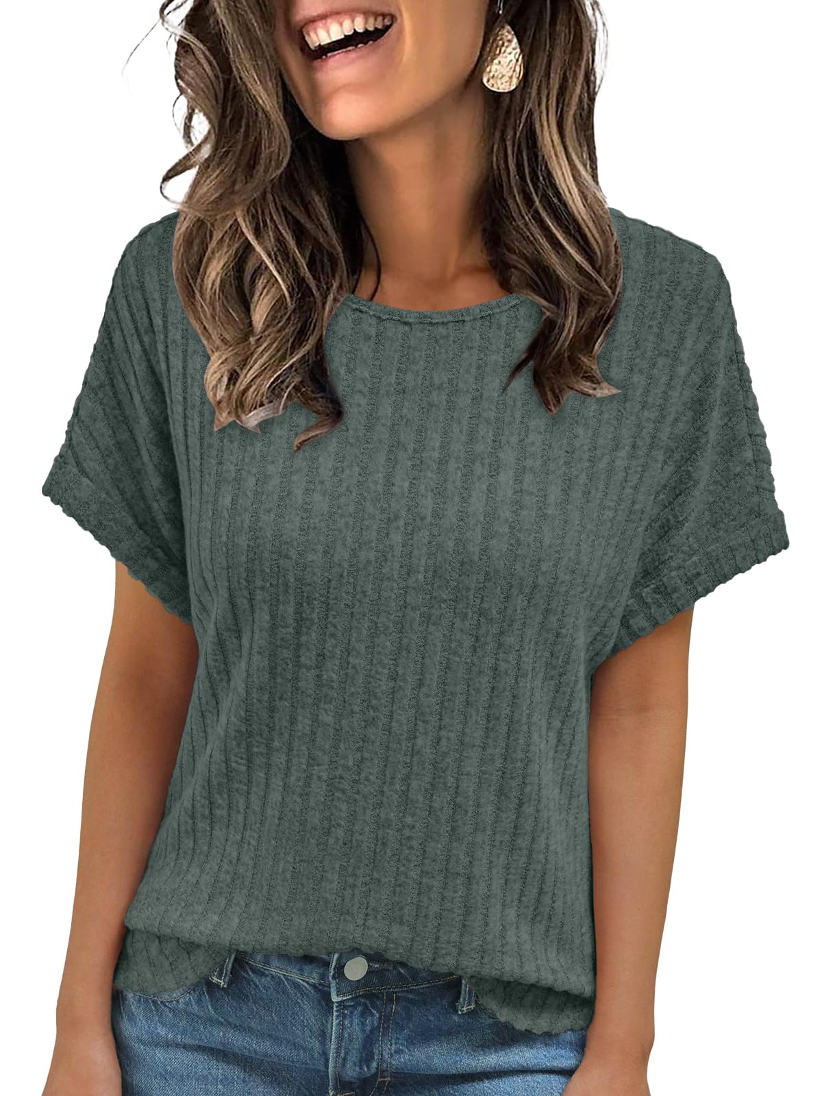 AUTOMET Women Shirts Summer Sweaters Regular Fit Short Sleeve Tunic Tops 2025 Dressy Casual Business Blouses Green L