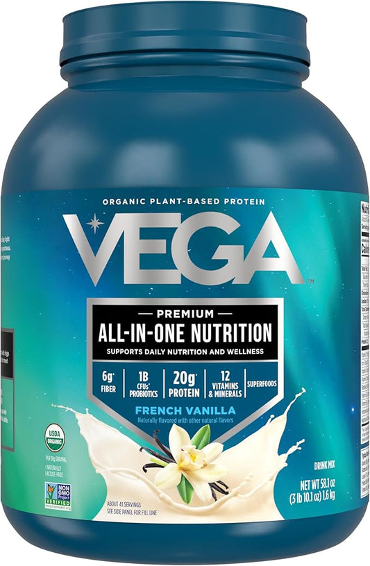 Vega All in One Nutrition Organic - 20g Plant-Based Pea Protein, French Vanilla, 43 Servings, Vitamins A & C, Probiotics, Greens, Vegan, Keto, Gluten Free, 3.1lbs (Packaging May Vary)