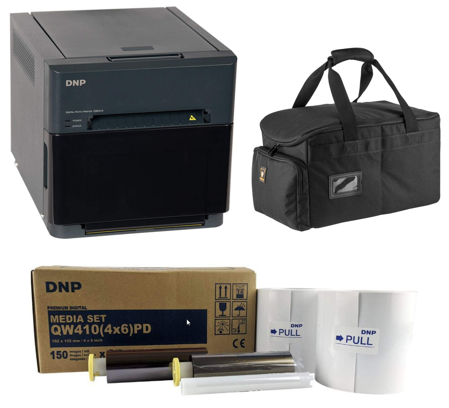DNP QW410 4.5-inch Dye-Sublimation Professional Event Photo Booth Printer Essential Bundle with 4x6-inch Digital Media, 2 Rolls (300 Total Prints), Slinger Printer Case