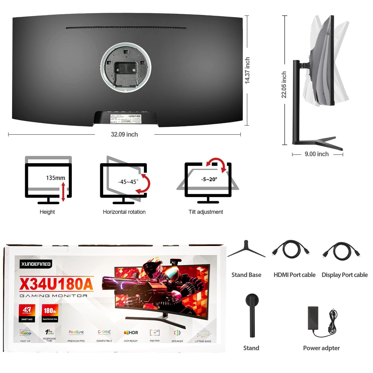 34 Inch Curved Monitor with Speaker, 180Hz UWQHD 3440x1440 Ultrawide Curved Gaming Monitor Split Screen, 4000：1 Contrast, sRGB 126%, FreeSync & G-SYNC, HDMI, DisplayPort, VESA, Height/Tilt/Swivel