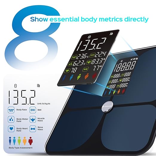 Scale for Body Weight and Fat, Lepulse Large Display Body Fat Scale, High Accurate Weight Scale Digital Bluetooth Bathroom Scale for BMI Heart Rate, 20 Body Composition Analyzer Sync with Fitness App