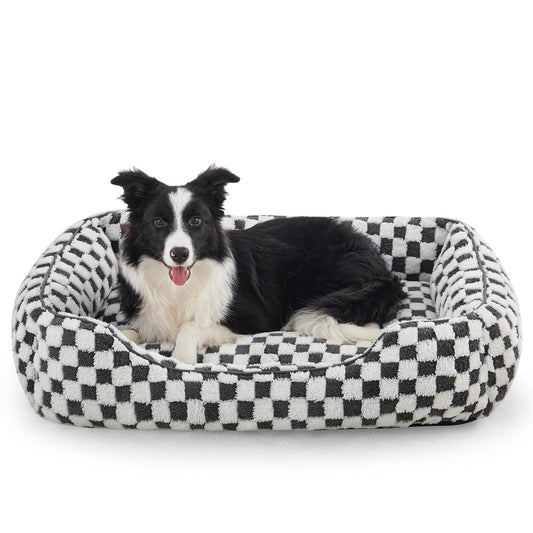 JOEJOY Dog Bed for Large Medium Small Dogs - Rectangle Orthopedic Dog Sofa Bed, Cute Modern Puppy Bed with Jacquard Shaggy Plush & Anti Slip Bottom, 30x24x9inches, Grey