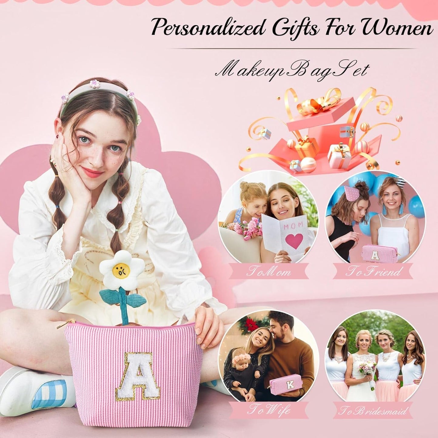 YOOLIFE Birthday Gifts for Women Girls - Personalized Initial Cute Pink Makeup Bags Cosmetic Bag Make Up Bag Toiletry Pouch Gift for Women Her Friend Mom Teacher Sister Teenager Female Bridesmaids