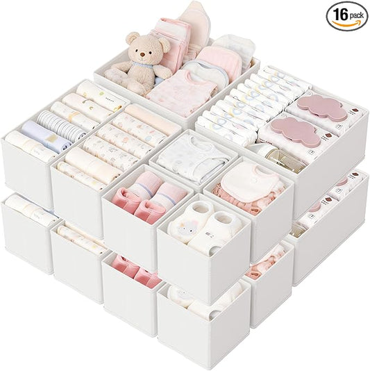Drawer Organizer, 16 Pack Baby Dresser Organizer for Nursery, Foldable Closet Organizers and Storage Dresser Dividers for Clothes, Socks, Scarves, Ties (White)