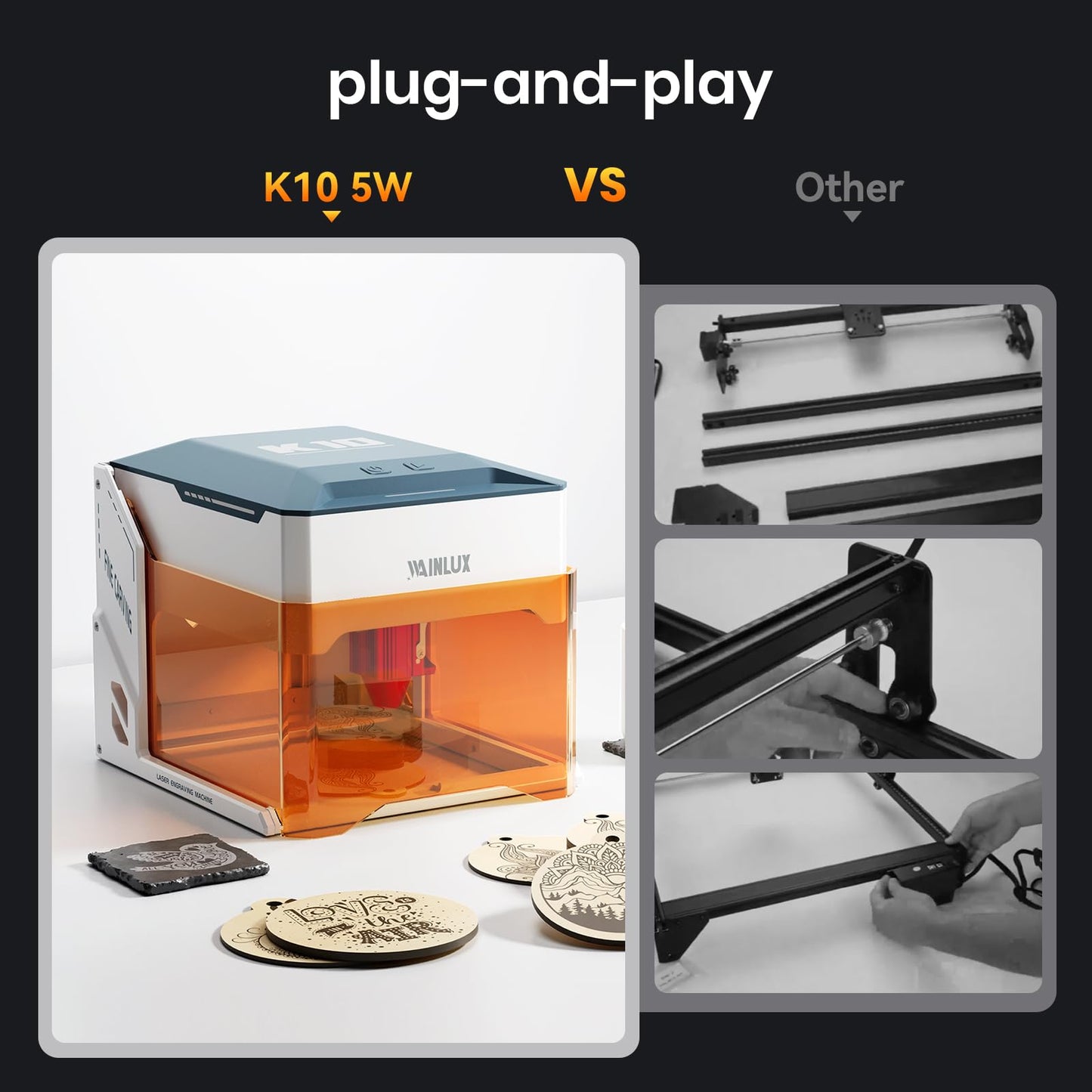 WAINLUXPRO K10 Laser Engraver, 5000mW Portable Laser Engraving Machine for Wood, Leather,Glass, Cloth | Class 1 Safety | DIY Projects | Compatible with Windows/Mac/iOS/Android | Offline Engraving