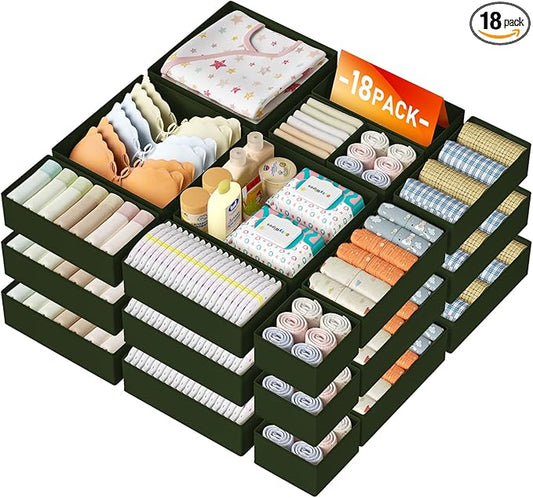 DIMJ Drawer Organizer Clothes Storage - 18 Pack Baby Dresser Organizer for Nursery, Foldable Closet Drawer Organizer Bins for Bedroom Organization, Fabric Storage Dividers for Socks, Underwears, Green