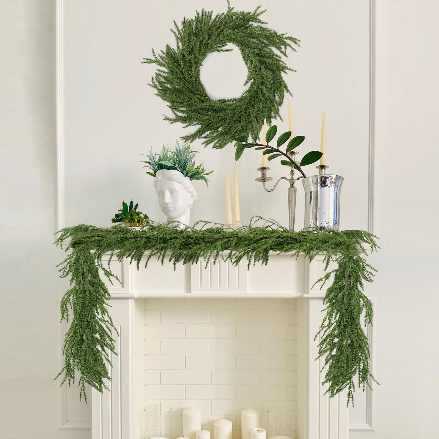 Hananona 2 Pcs 6 Ft Artificial Norfolk Pine Garlands, Real Touch Winter Pine Garland, Green Artificial Greenery Garland for Table, Mantle, Wall, Indoor, Outdoor Christmas Decorations (2, 6 FT)