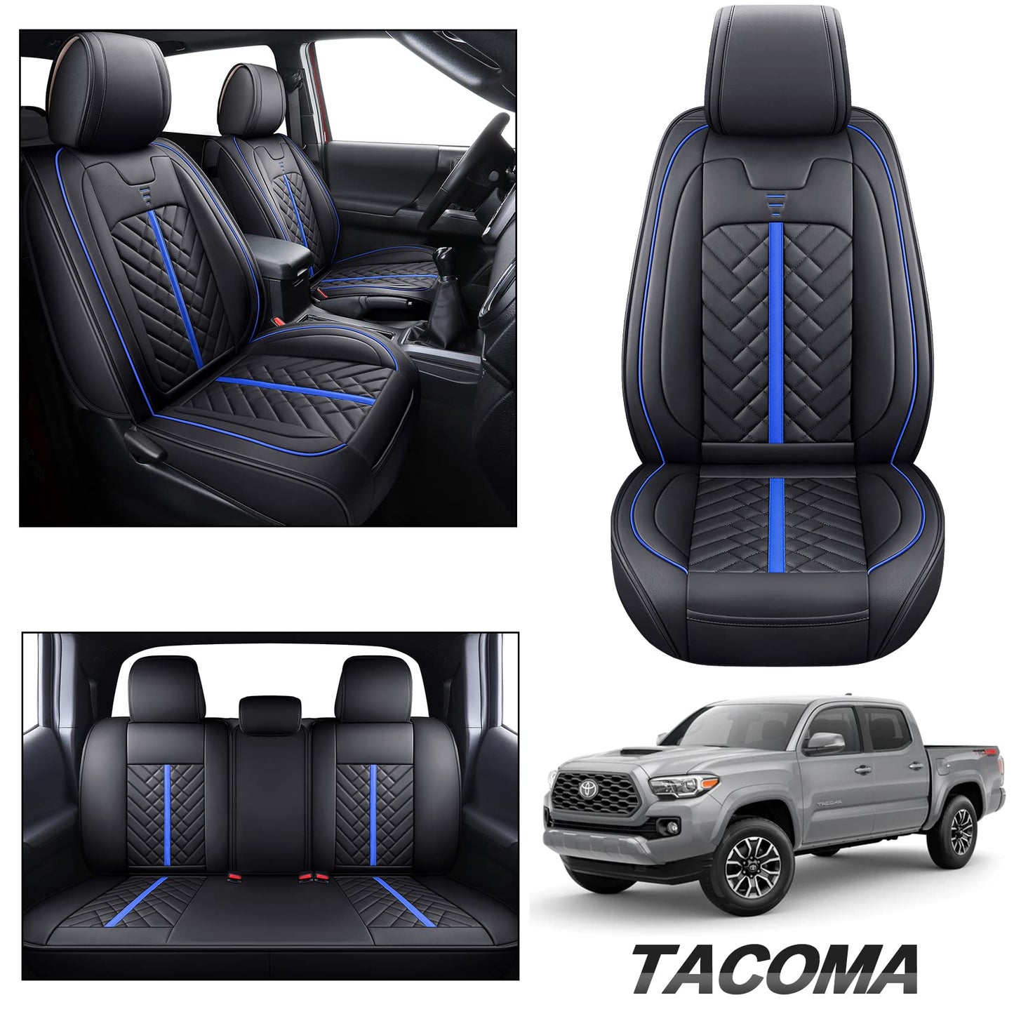 Tomatoman Toyota Tacoma Car Seat Covers Compatible with 2005-2015 2016-2023 2024 2025 Truck Access Crew Double Cab TRD Sport Offroad SR5 V6 Limited(Full Set/Black-Blue)