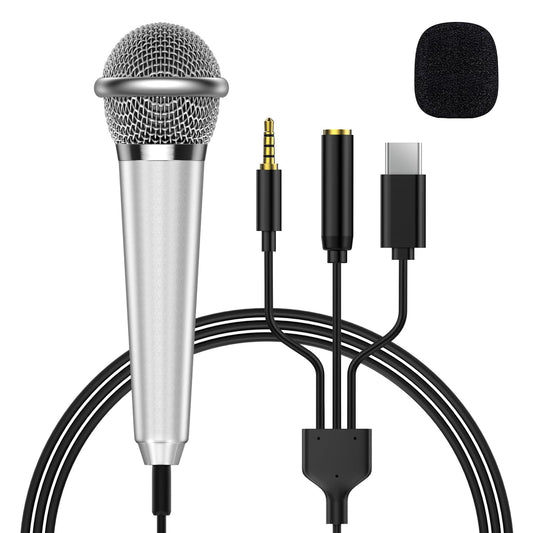 NICHOM 2-in-1 Mini Microphone for Android, iPhone 15, Laptop and PC, Portable Mini Mic for Vlogging, Karaoke, Video Recording with USB C & 3.5mm Jack (USB C)