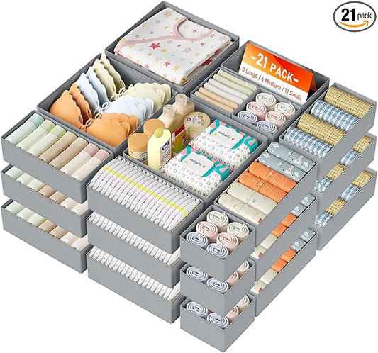 DIMJ Drawer Organizer Clothes, 21 Pack Dresser Organizer, Foldable Closet Organizers and Storage, Fabric Dresser Bins, Drawer Dividers for Nursery, Baby Clothes, Underwears, Sock