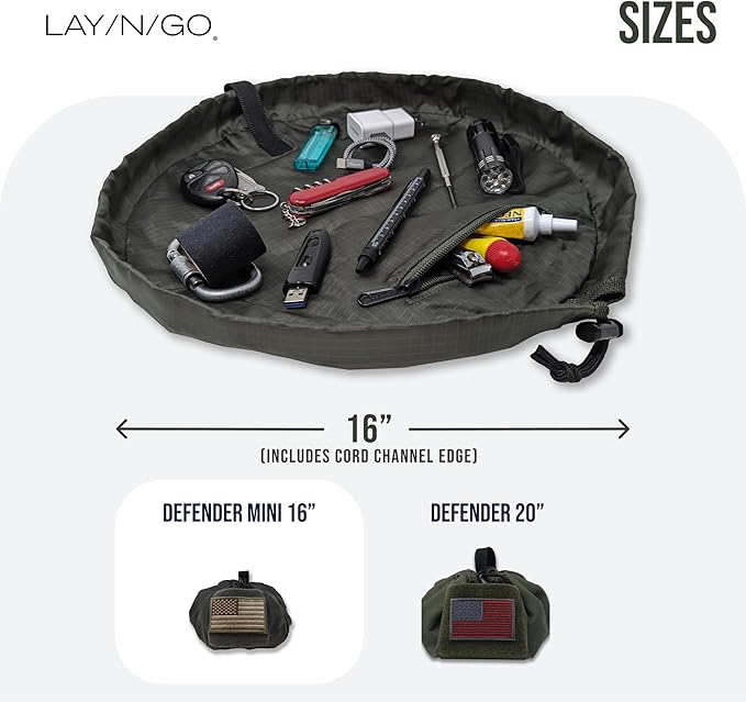 Lay-n-Go Defender Tactical Bag for Gear - Multifunctional Lay-Flat Military Tactical Travel Sack w/Zippered & Mesh Pockets - Water-Resistant, Machine-Washable Utility Tool Bag (16", Combat Green)