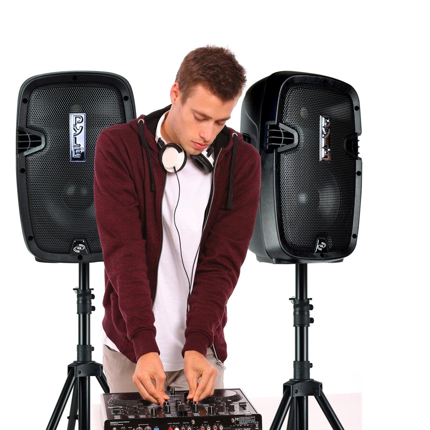 Pyle Powered PA Speaker System Active & Passive Bluetooth Loudspeakers Kit with 8 Inch Speakers, Wired Microphone, MP3/USB/SD/AUX Readers, Speaker Stands- PYLE PPHP849KT.5,Black
