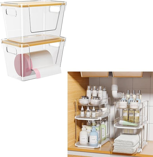 Delamu 2 Sets of 3-Tier Bathroom Under Sink Organizers and Storage, Multi-Purpose Stackable Pantry Organization and Storage, Pull Out Clear Kitchen Bathroom Cabinet Organizer with Movable Dividers