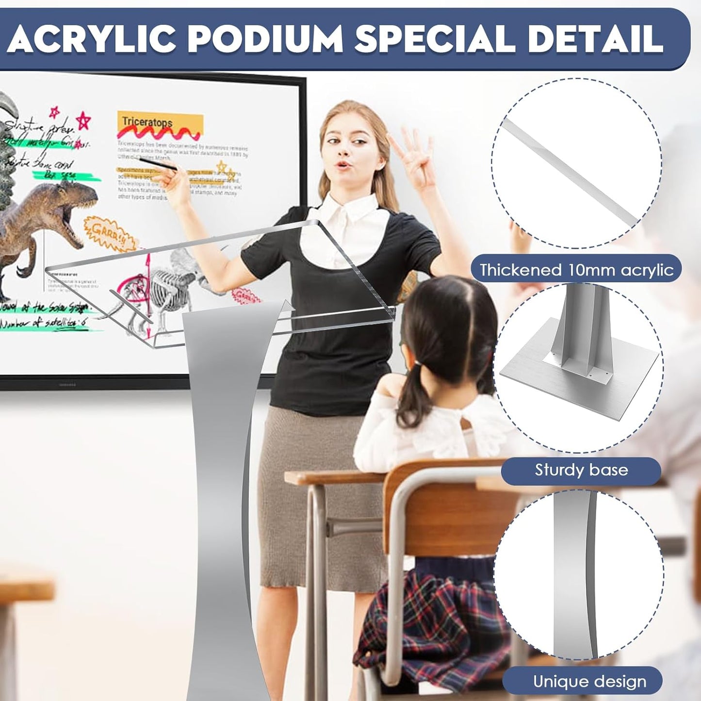 45" Acrylic Podium Stand, Ultra Clear Iron Pulpits for Churches, Modern Podium Lectern for Church, Conference, Speech, Classroom, 44.9"H x 23.6"L x 15.7"W (Silver)