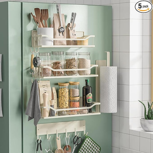5 Pack Multifunctional Magnetic Shelves for Refrigerator Spice Rack & Washing Machine Organize, Include Paper Towel Holder, Kitchen Utensil Hanger and Hooks, Strong Magnet for Secure Hold (Cream)