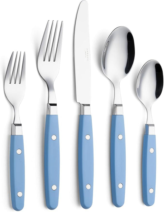 ANNOVA Silverware Set, Retro/Rivet Colorful Stainless Steel Tableware Kitchen Flatware Set Utensils, Includes Dinner Knives, Forks, Spoons, Salad Forks & Dessert Spoons (Light Blue, 20 Pieces)