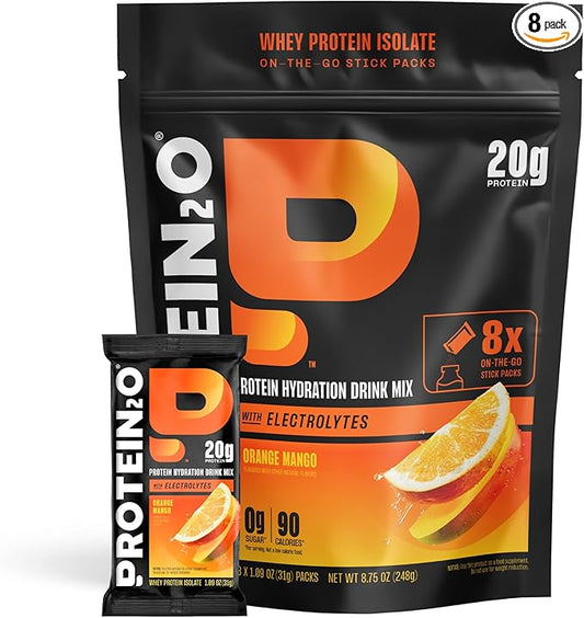 Protein2o 20g Whey Protein Isolate Clear Protein Powder, 370mg of Electrolytes, Vitamins B5 & B6, Sugar Free, Orange Mango, 8-Pack