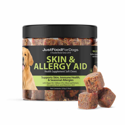 JustFoodForDogs Skin & Allergy Care Soft Chews Supplement for Dogs, Seasonal Allergies, Itchy Skin Relief, Inflammation, Immune Support - 45 Count