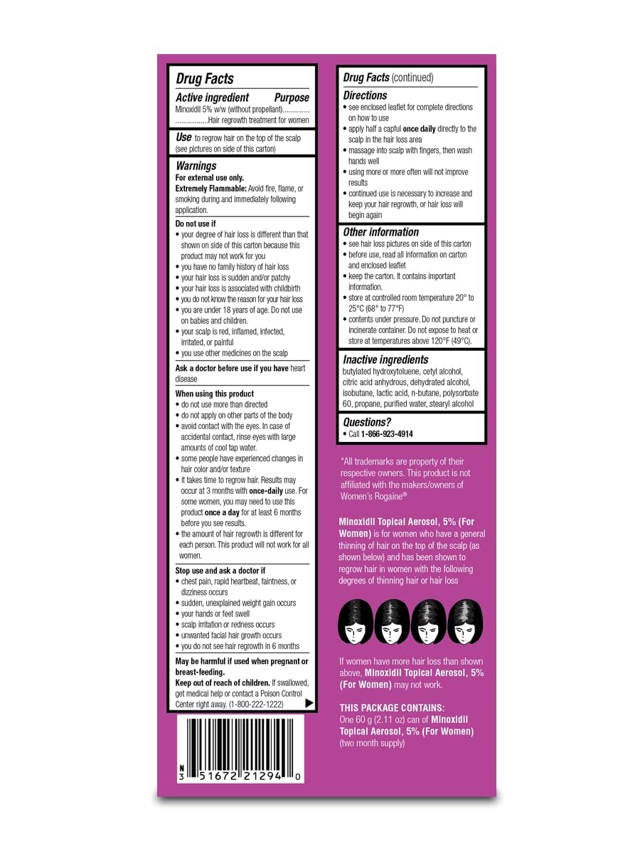 Minoxidil Topical Aerosol Foam, 5%, Hair Regrowth Treatment for Women, 2.11 oz Reactivates Hair Follicles to Stimulate Hair Regrowth - 6 Months Supply