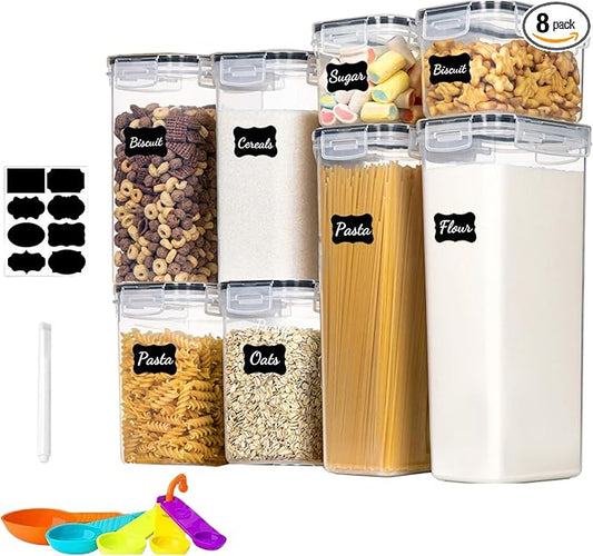 8 Pack Airtight Food Storage Containers with Lids, BPA Free Clear Pantry Storage Container for Kitchen Food Pantry Organizers and Storage, Plastic Pantry Organiser for Cereal,Flour and Sugar