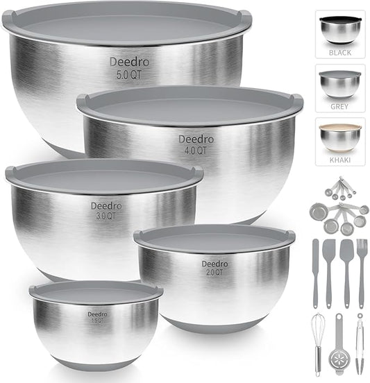 Deedro Premium Mixing Bowls with Airtight Lids Set, 22Pcs Thicker Stainless Steel Mixing Bowl Set, Large Prep Metal Bowls, Non-Slip Silicone Base Nesting Bowls for Kitchen, 1.5/2/3/4/5 QT, Gray