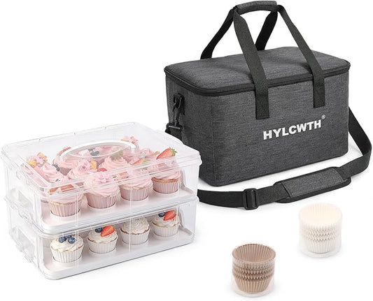 Cupcake Carrier, Cupcake Holder With Lid And Handles, 2-Layer Cupcakes Containers, 24 count Reusable Cupcake Box, Cupcake transport container With Portable Insulated Bag and 200Pcs Cupcake Liners