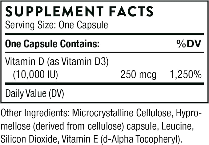 THORNE Vitamin D3 Supplement - Supports Healthy Bones, Teeth Muscles, Cardiovascular & Immune Function* - Gluten, Dairy & Soy-Free - 10,000 IU - 60 Capsules
